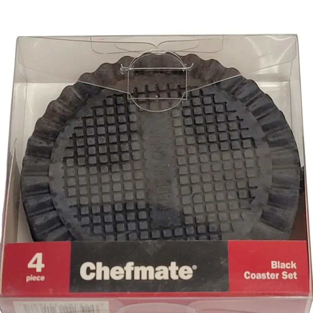 Chefmate Black Coasters Set of 4 Rubber Textured Ridged Edge‎ Masculine Dining